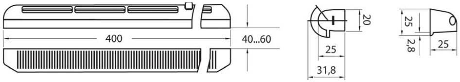 PO 400 ablakba szerelhető légbevezető - geometriai méretek 
