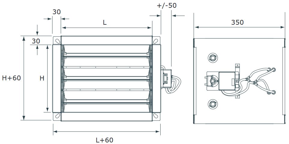 VAV-KR motoros légmennyiség szabályzó - geometriai méretek 1