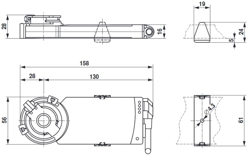 CM Belimo zsalumozgató motor - geometriai méretek