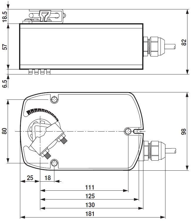 TF24-SR Belimo zsalumozgató motor - geometriai méretek
