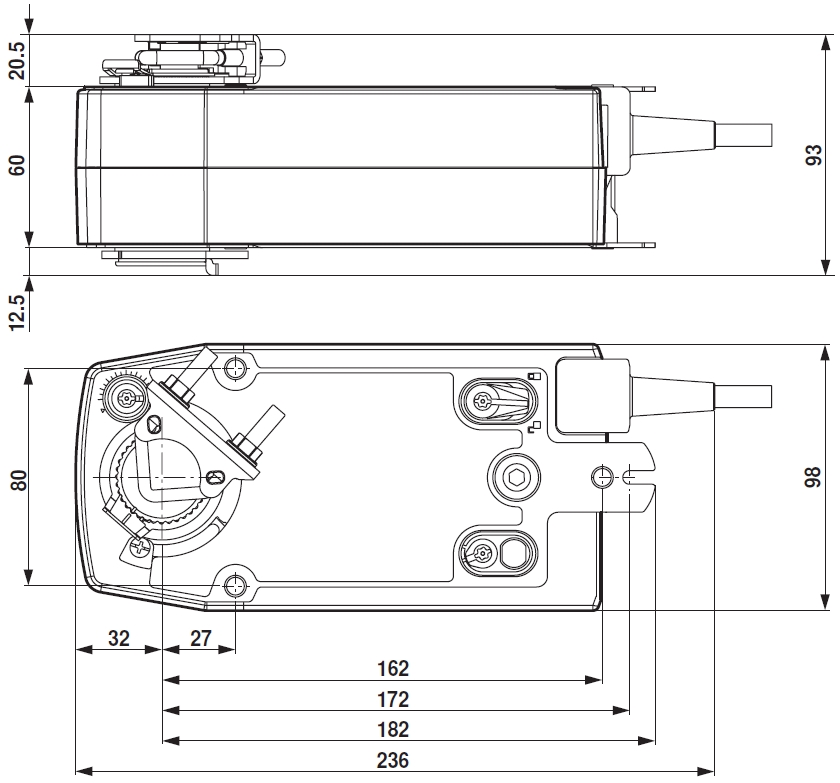 NFA Belimo zsalumozgató motor - geometriai méretek
