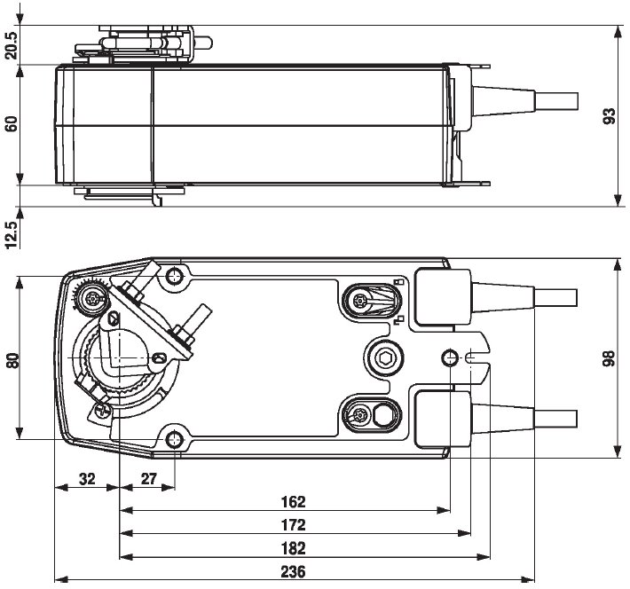 SF 24A Belimo zsalumozgató motor - geometriai méretek