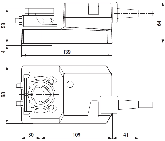 LM Belimo zsalumozgató motor - geometriai méretek