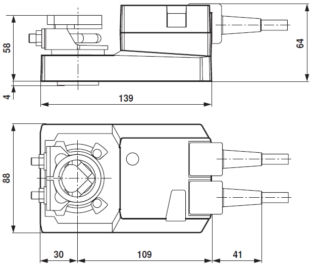 SM Belimo zsalumozgató motor - geometriai méretek