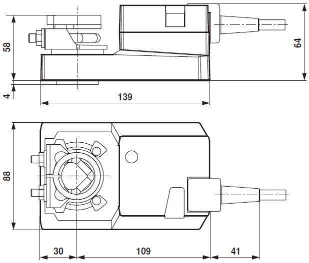 SM Belimo zsalumozgató motor - geometriai méretek