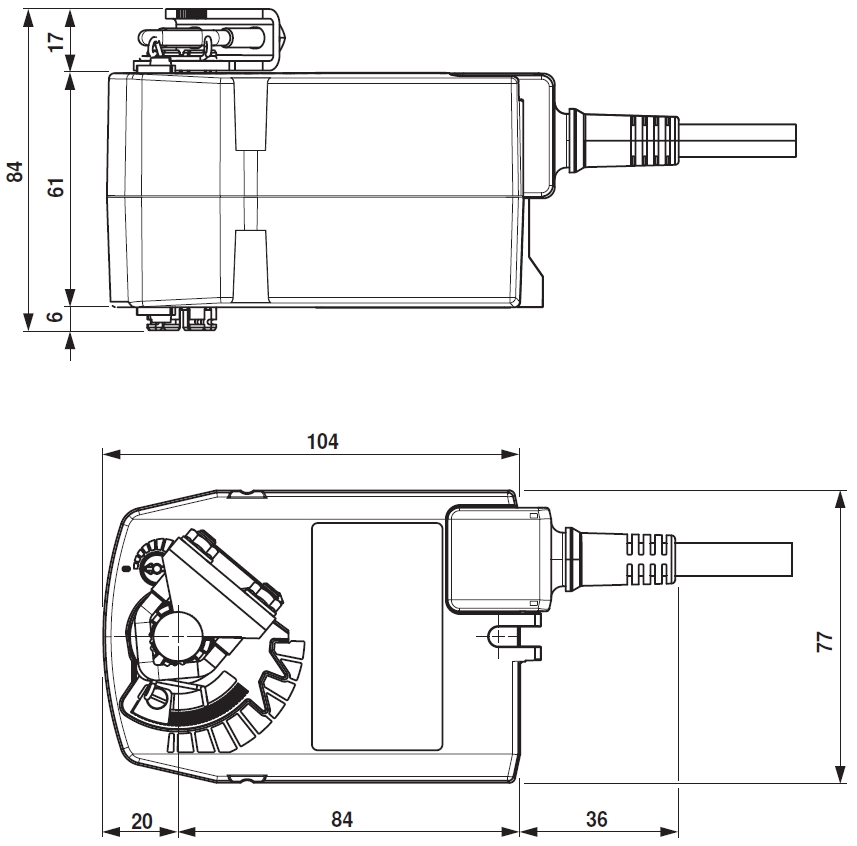 TF24 Belimo fagyvédelmi zsalumozgató motor - geometriai méretek