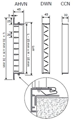 AHVN kétsoros alumínium fali rács - beépítési vázlat