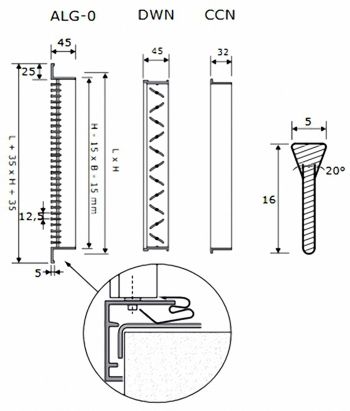ALG-0 egysoros FIX alumínium fali rács - beépítési vázlat
