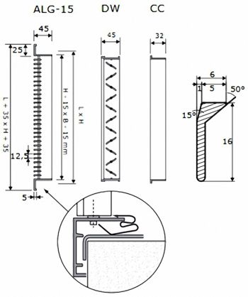 ALG-15 egysoros FIX alumínium fali rács - beépítési vázlat