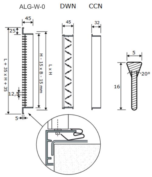 ALG-W-0 egysoros FIX alumínium fali rács - beépítési vázlat