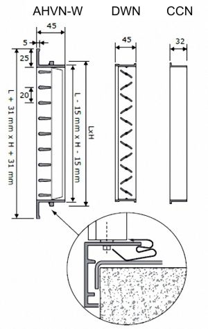AHVN-W kétsoros alumínium fali rács - beépítési vázlat