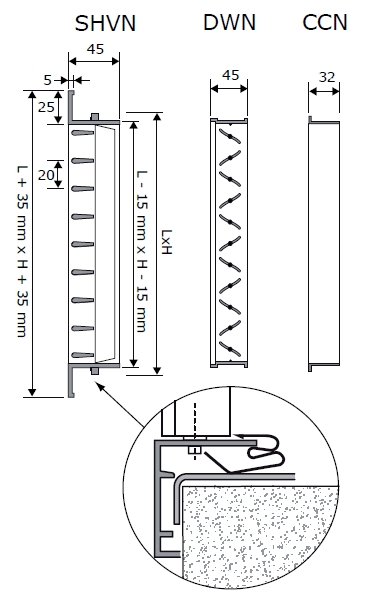 SHVN kétsoros acél fali rács - beépítési vázlat