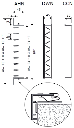 AHN egysoros alumínium fali rács - beépítési vázlat